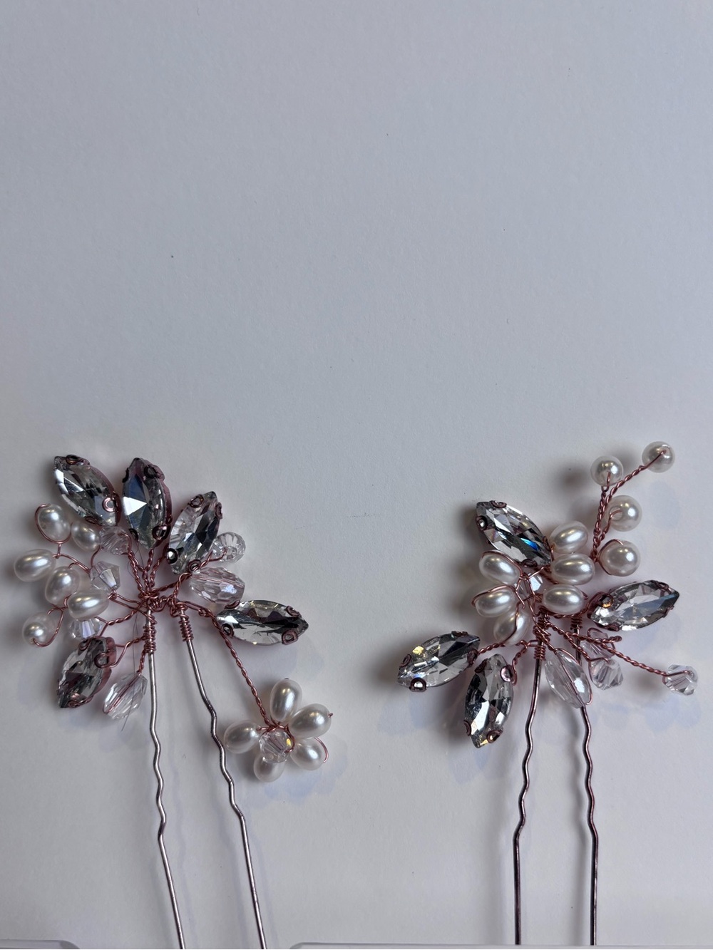 Set of 2 Bridal Hair Pins Pearl & Rhinestone Rose Gold Crystal Wedding